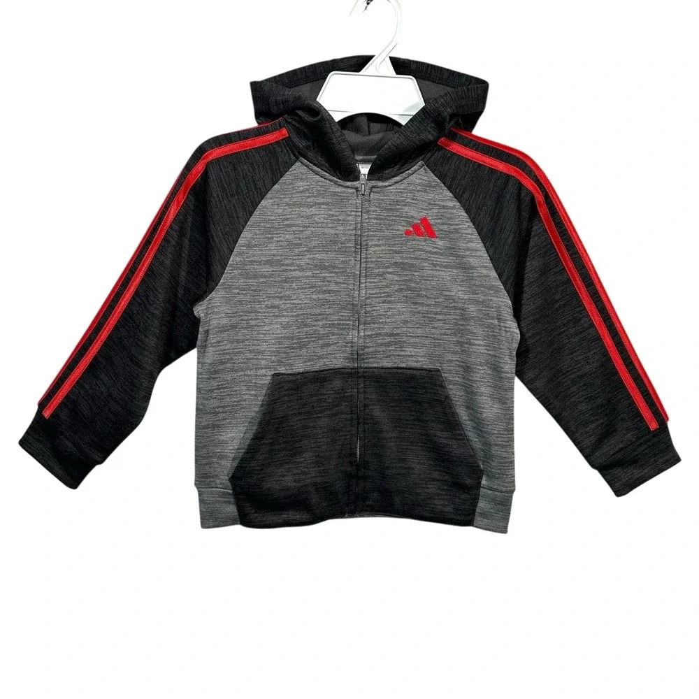 Adidas Toddler Boys Fleece‎ Track Hooded Jacket & Pants Set Size 4T Gray Red